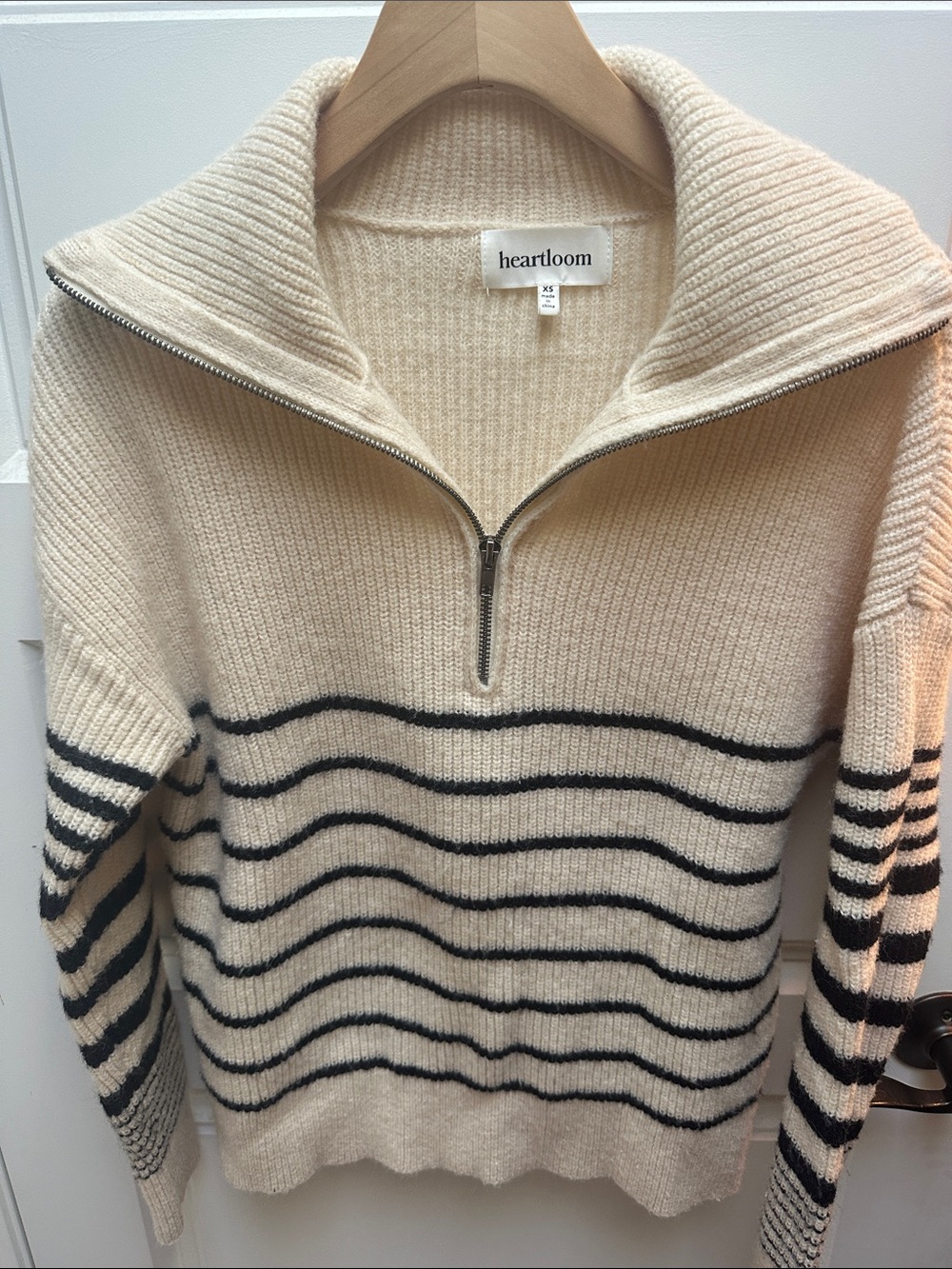 Heartloom Cream Zip Funnel Neck Sweater with Black Stripes